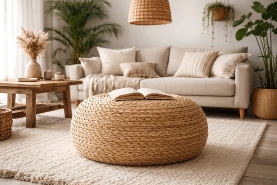 Contemporary eco design interior with a boho styled rafia pouf on white