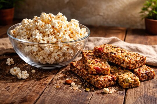 Organic popcorn in a transparent bowl beside vibrant granola bars on rustic wooden table with natural sunlight and textured backdrop