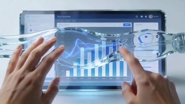 Touching index fingers selecting, dragging bars on tablet chart on desk, exploring data with ripple