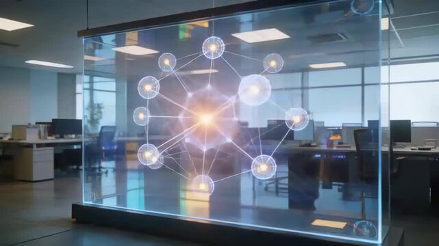 Activating projector showing node-link network growing in glass case in office for data transfer