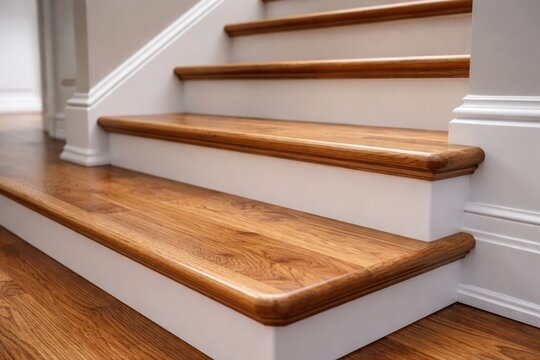 Newly laid hardwood stair treads with bullnose and baseboard seen from a low angle