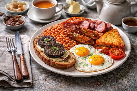 Classic full Irish breakfast assortment with black pudding toast and tea on a textured gray concrete