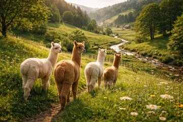 Fototapeta premium Friendly alpacas exploring a vibrant green countryside