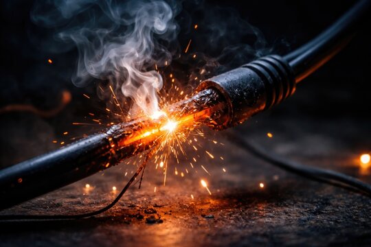 Fire risk shown by glowing electrical cord with smoke and sparks in close up