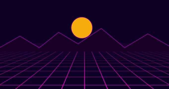 This captivating retro-futuristic landscape features glowing neon grid lines, geometric mountains, and a vibrant sun, embodying iconic 80s synthwave aesthetic.