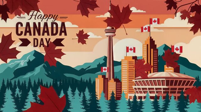 Happy Canada Day Celebration Animation with Toronto Skyline