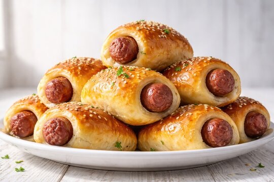 Low angle view of homemade beef sausage kolache on white plate and white wooden background with copyspace