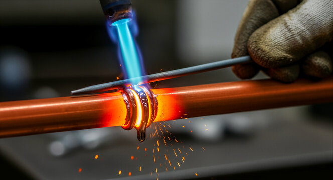 Professional plumber brazing a copper pipe with a propane torch. Intense blue flame heating metal joint until it glows red with sparks. Plumbing repair concept for home maintenance marketing.