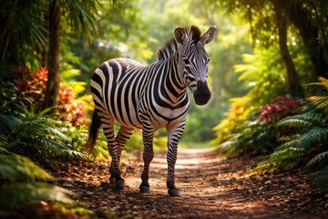 Naklejka premium Content zebra wandering tropical forest floor illuminated by sunlight with blurred multicolored plants behind