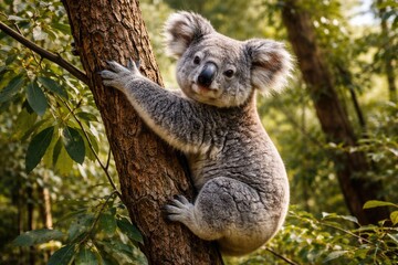 Obraz premium Content koala ascending a leafy tree in natural habitat