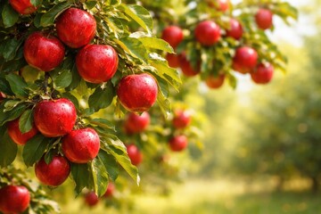Obraz premium Bright red apples on fruit laden branches with copy space for text