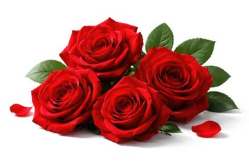 Fototapeta premium Four vivid red rose blooms positioned on a stark white surface with clipping path