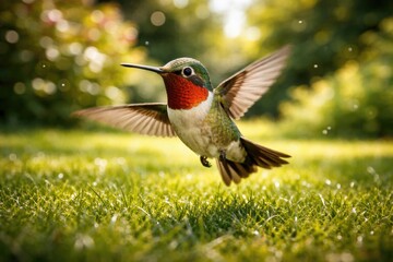 Obraz premium Cheerful pet hummingbird in full length view darting playfully over a summer grass lawn