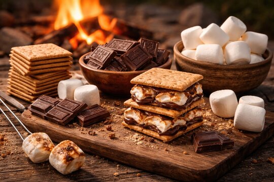 Creative assortment of s'mores essentials with chocolate marshmallow and graham crackers