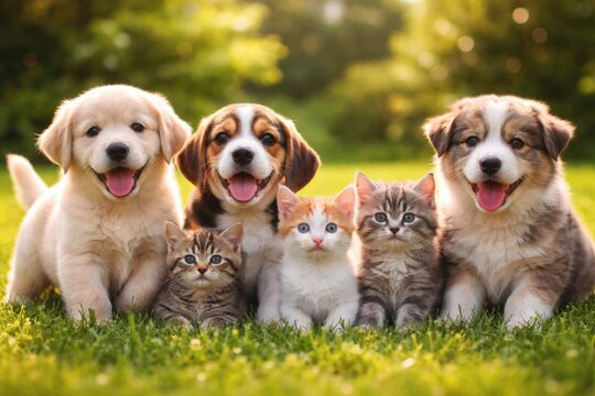 Cheerful full length view of playful puppies and friendly kittens on a sunny green grass lawn
