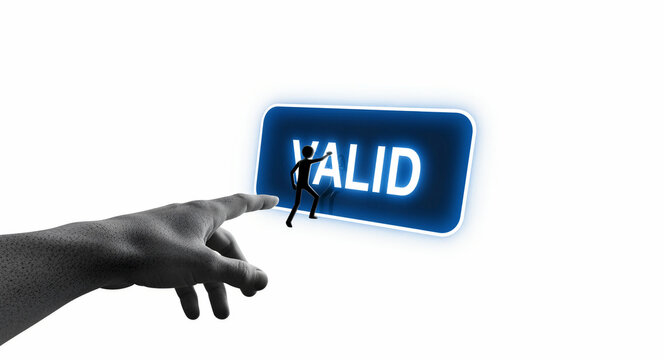 Hand pointing towards a glowing blue button with the word valid. Small 3D figure interacting with the glowing sign on a white background. Concept of verification and quality assurance.