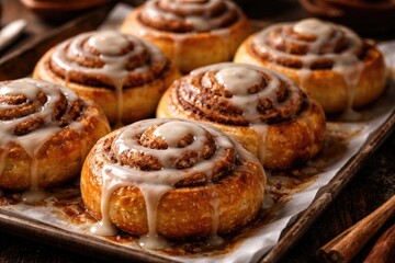 Fototapeta premium Freshly baked cinnamon rolls with sugary glaze
