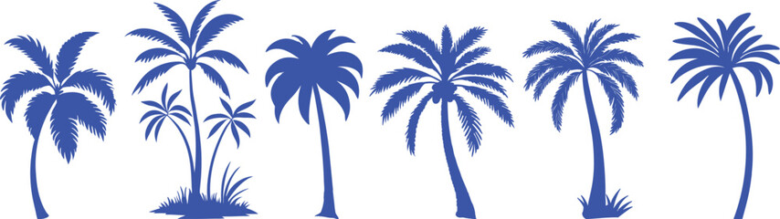 Blue palm tree silhouette set with tropical island shapes and varied trunk styles. Vibrant summer collection ideal for beach travel branding vacation themes and coastal design. Clean vector  © Parul