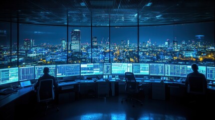 Fototapeta premium Night control room, city view