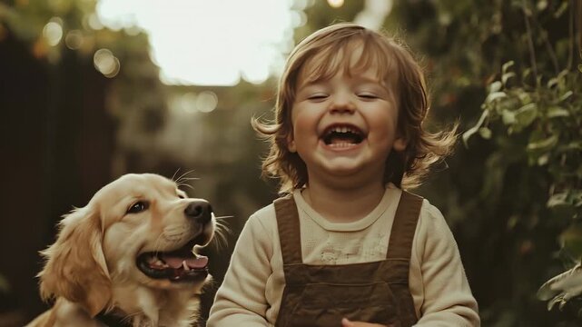 Tracking shot of toddler laughing and playing with retriever dog on backyard garden path during golden hour afternoon