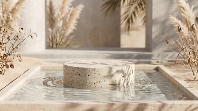 Empty 3D travertine stone podium in water with soft leaf shadows, minimalist product mockup background