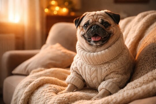 Content pug wearing a comfy sweater inside for heating season with copy space