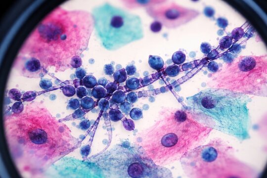 Close-up cytological examination of fungal infection in pap smear with yeast and pseudohyphae