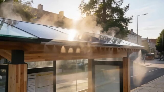 Emitting wooden bus shelter sending mist from roof vents at bus stop sunlight hitting solar panels