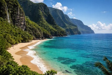 Fototapeta premium Lush green cliffs beside a peaceful beach with sparkling blue waters