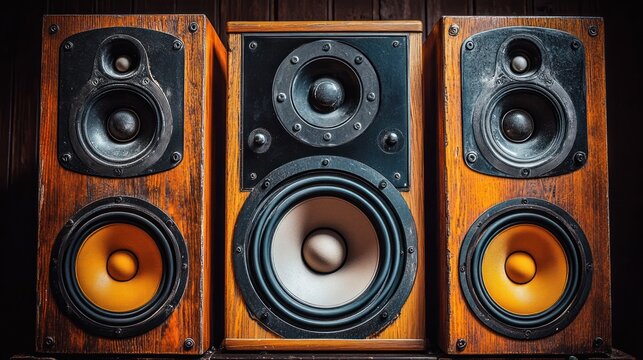 Vintage wooden speakers against dark wood