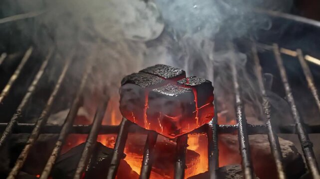 Pouring stream of water striking square charcoal briquette on grill grate, producing white steam