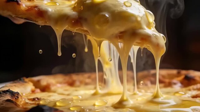 Lifting pizza slice with domed molten mound strands stretching and drops falling to serve at table