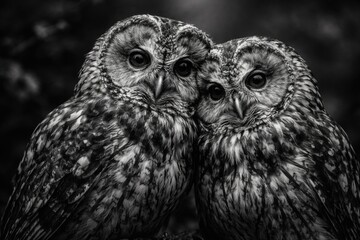 Fototapeta premium Artistic monochrome portrayal of two owls sitting closely together
