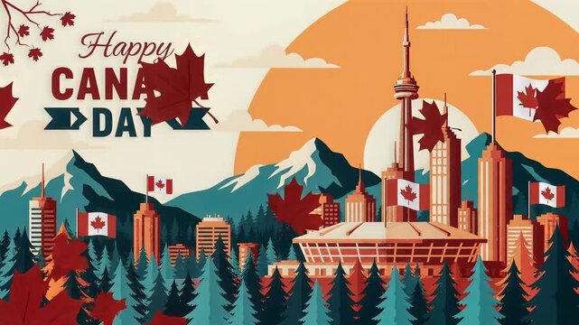 Happy Canada Day Graphic with Toronto Skyline and Maple Leaves