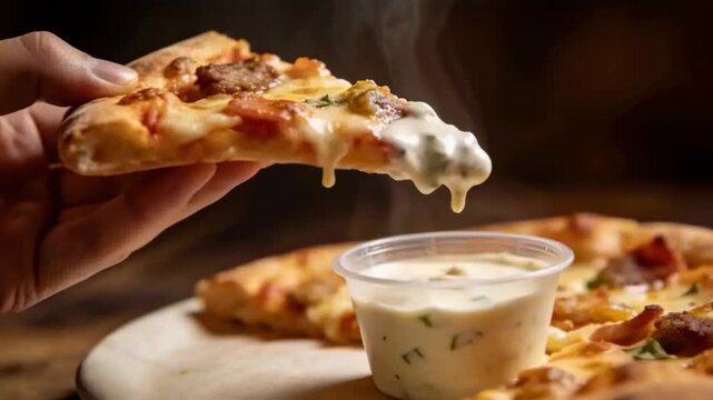 Lifting hand holding pizza slice above cup, dipping cheese tip into sauce for eating on tabletop