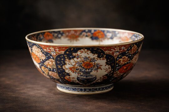 Japanese vintage Imari ware ceramic bowl with black softly blurred backdrop