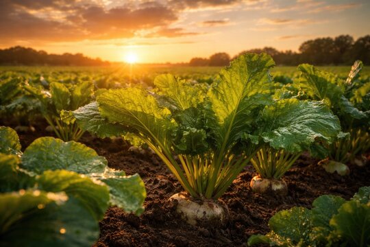 Close up of healthy sugar beet foliage in rural field under warm sunset sky