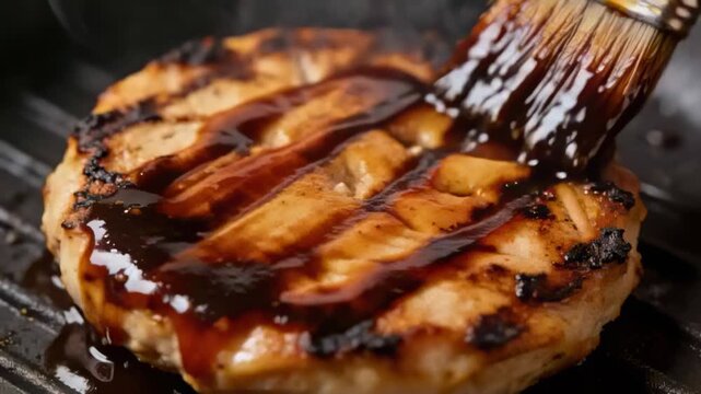Entering sauce-laden basting brush glazing grilled meat patty on hot grill, caramelizing surface