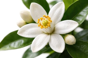 Obraz premium Close up of an orange citrus blossom with white petals on a white background