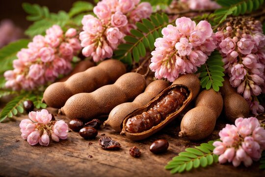 Healthy tamarind fruit paired with rose blossoms from acacia species