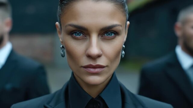 A confident female executive, radiating power and self-assurance, accompanied by a vigilant security detail, ensuring professional protection, embodying corporate authority and decisive leadership