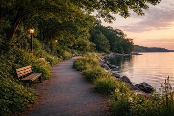 Naklejka premium Calm waterfront walking route bordered by thriving greenery during evening light