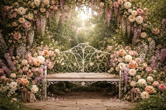 Floral themed bench setup for photography background
