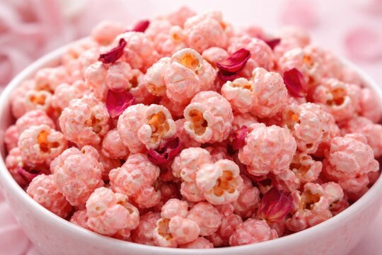 Close up of pink rose flavored sweet popcorn with a smooth pale background