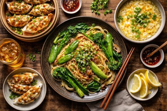 Japanese style pasta with fresh green vegetables served with Chinese meat and cheese dumplings and egg drop soup in a top shot