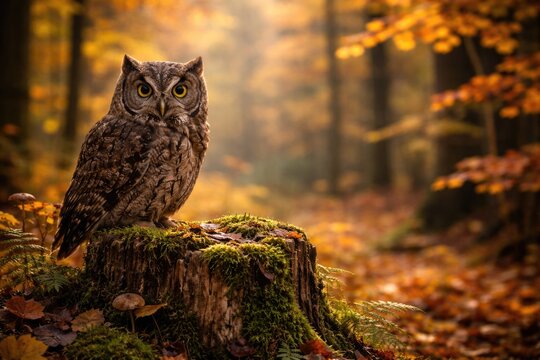 A Eurasian scops owl resting on a mossy stump amid vibrant fall forest setting with space for design