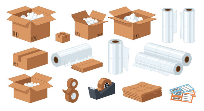 A detailed collection of various brown cardboard shipping boxes, transparent plastic film rolls, adhesive tape dispensers, and paper labels arranged on a plain white backdrop.