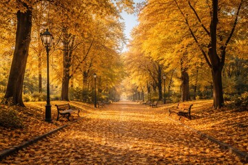 Fototapeta premium Calm autumn park walkway blanketed by golden leaves under clear sky with copy space