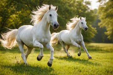 Obraz premium energetic white pet horses playing and galloping on fresh green grass lawn full length summer