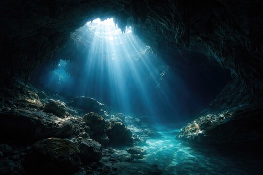 Natural light shining into deep limestone caves submerged underwater with copy space